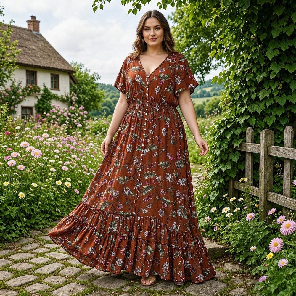 Dress Cottagecore Maxi Floral Boho Bohemian Short Sleeve Resortwear Plus 4XL
